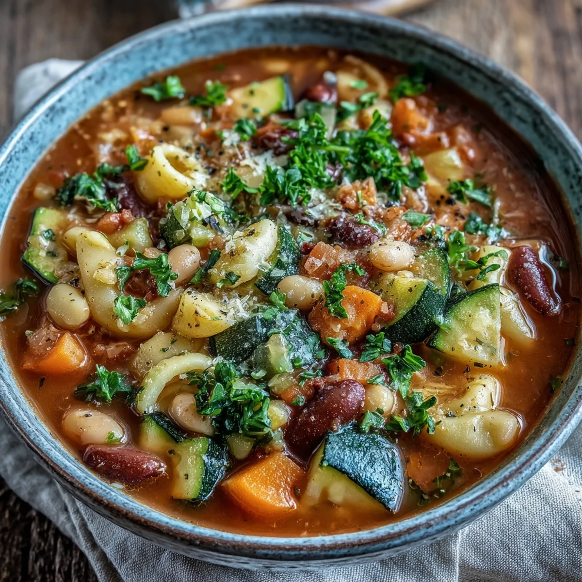 Close-up of Minestrone Soup revealing tender pasta, creamy cannellini beans, and wilted greens in a rich tomato broth.
