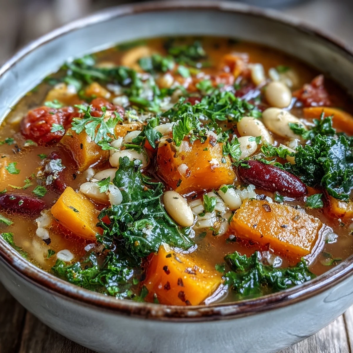 A close-up of Winter Minestrone Soup in a rustic bowl, showcasing tender butternut squash and wilted kale alongside beans and pasta in rich tomato broth.