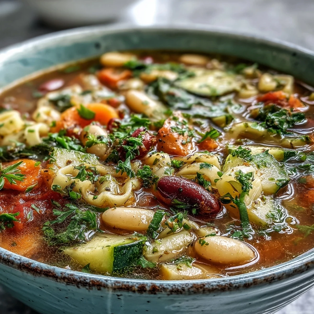 Hearty Minestrone Soup simmering in a pot with fresh vegetables, tomatoes, and beans ready to ladle.