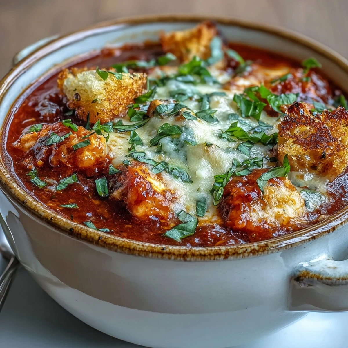 Steaming bowl of Grilled Chicken Parmesan Soup topped with melted cheese, fresh basil, and garlic croutons.