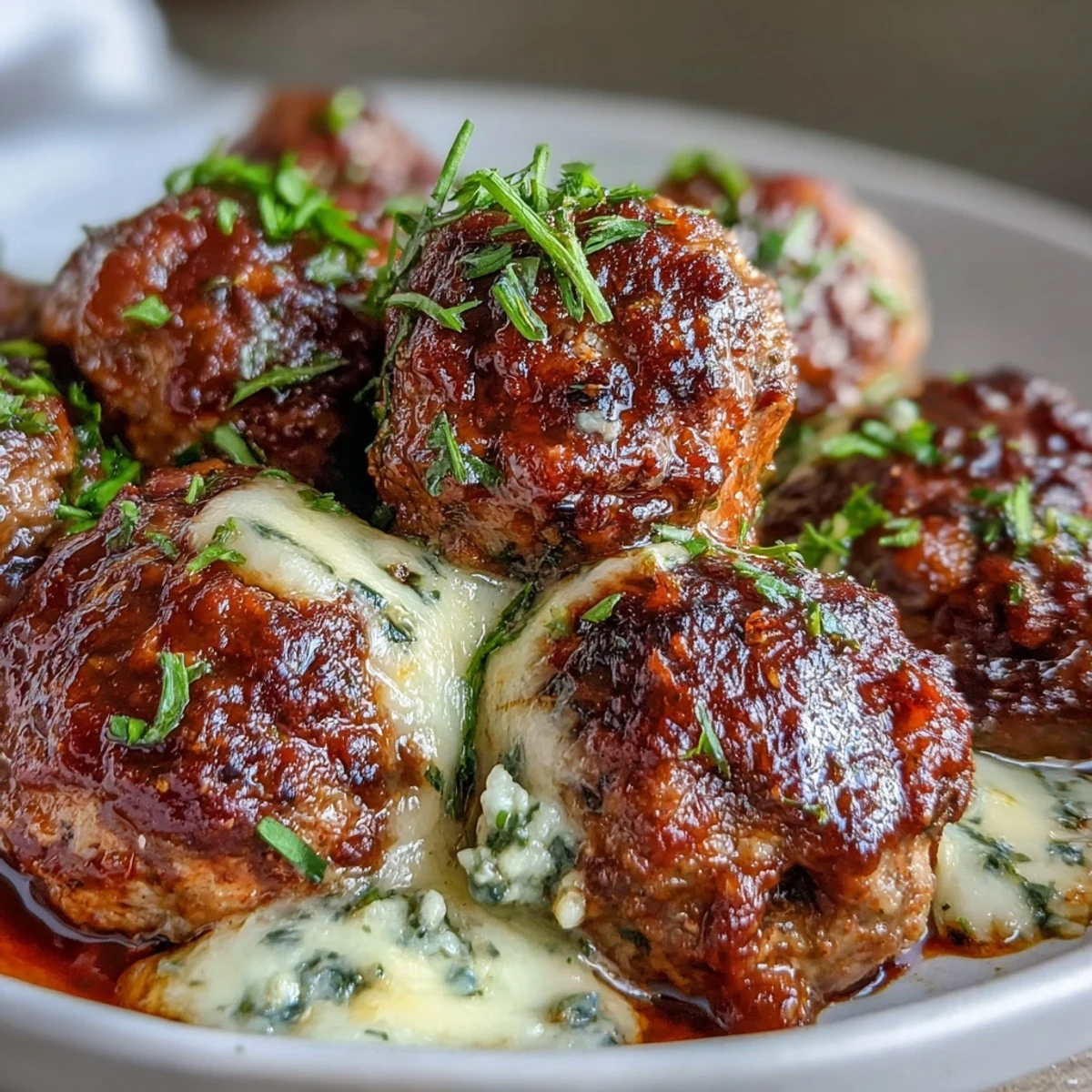 A close-up of golden-baked Cheesy, Garlicky Meatballs With Marinara bubbling in a skillet, garnished with fresh basil.