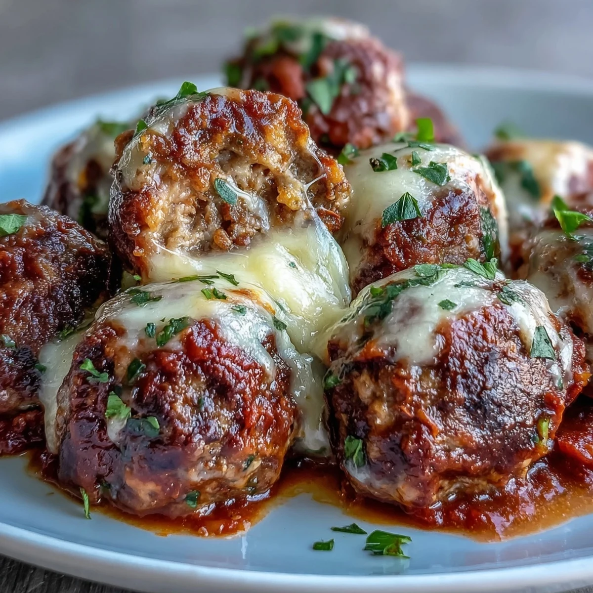 A skillet of Cheesy, Garlicky Meatballs With Marinara served over spaghetti, drizzled with extra Parmesan and herbs.