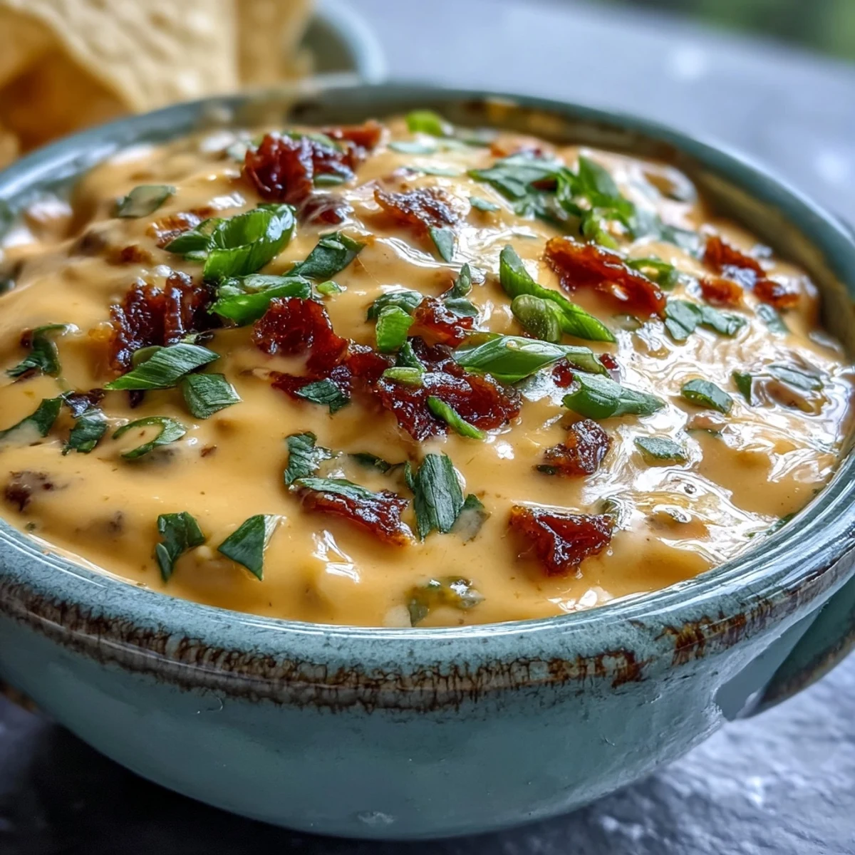 The creamy Queso Dip is steaming gently in a serving bowl, surrounded by crisp tortilla chips for a classic Tex-Mex appetizer.  