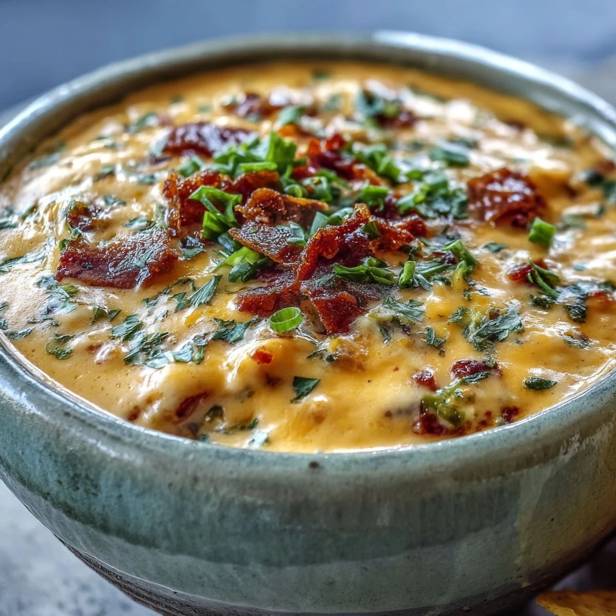 A bowl of warm, creamy homemade Queso Dip garnished with fresh cilantro and diced tomatoes, perfect for scooping with tortilla chips.  