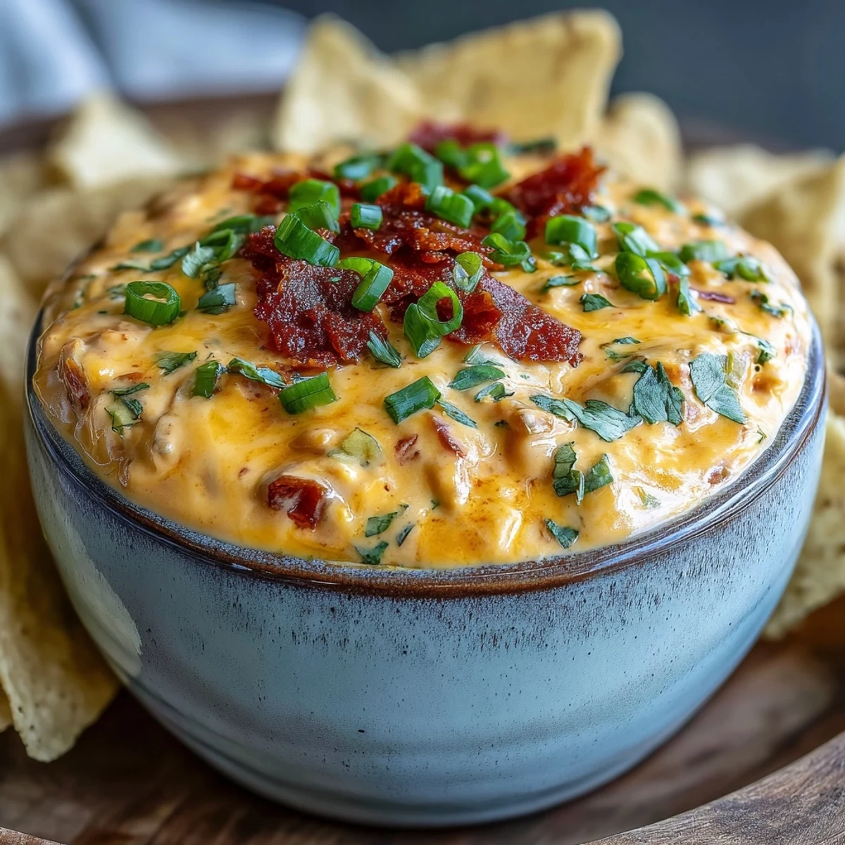 Vibrant red tomatoes and green cilantro top this smooth, melted Queso Dip, a hearty choice for game day snacking.