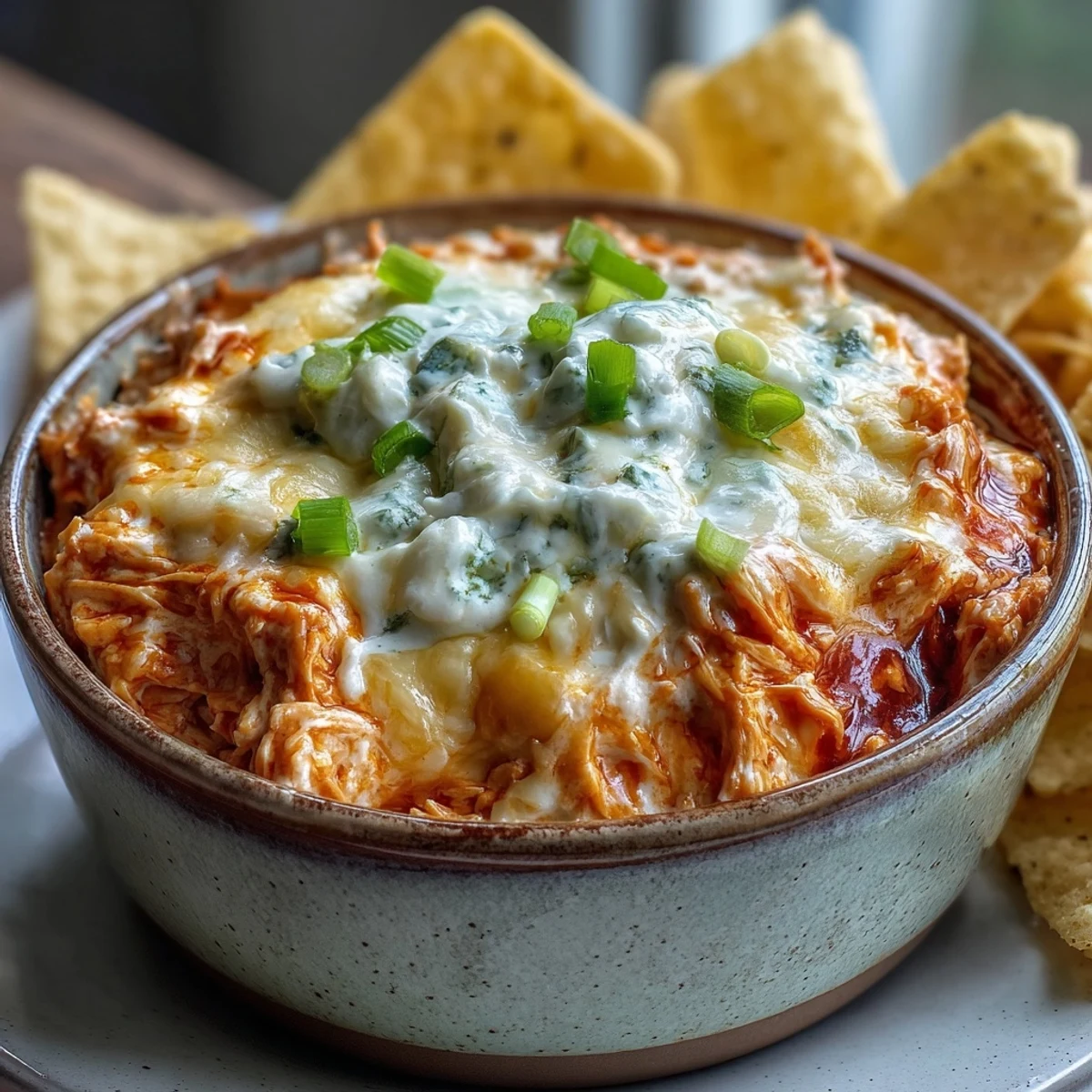 Creamy, spicy Crock Pot Buffalo Chicken Dip bubbling in a slow cooker, topped with melted cheese and fresh scallions.  