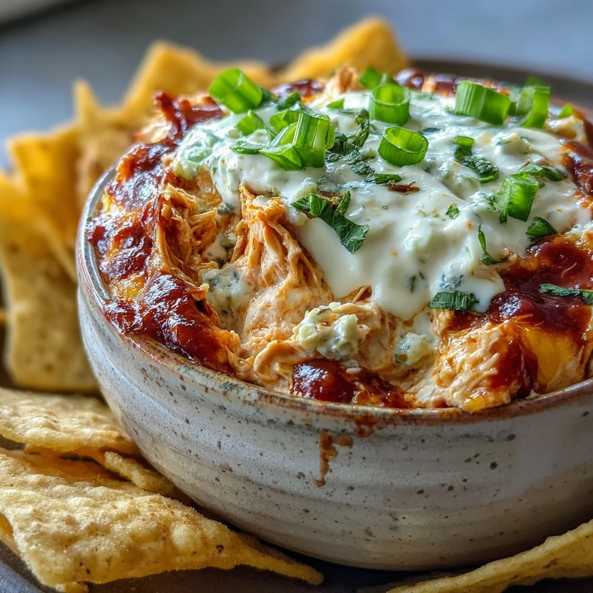 Hearty, cheesy Crock Pot Buffalo Chicken Dip garnished with scallions alongside tortilla chips on a rustic serving platter.