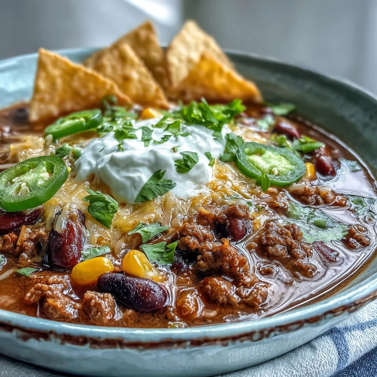 A steaming bowl of Taco Soup topped with sour cream, shredded cheddar, cilantro, and crushed tortilla chips.