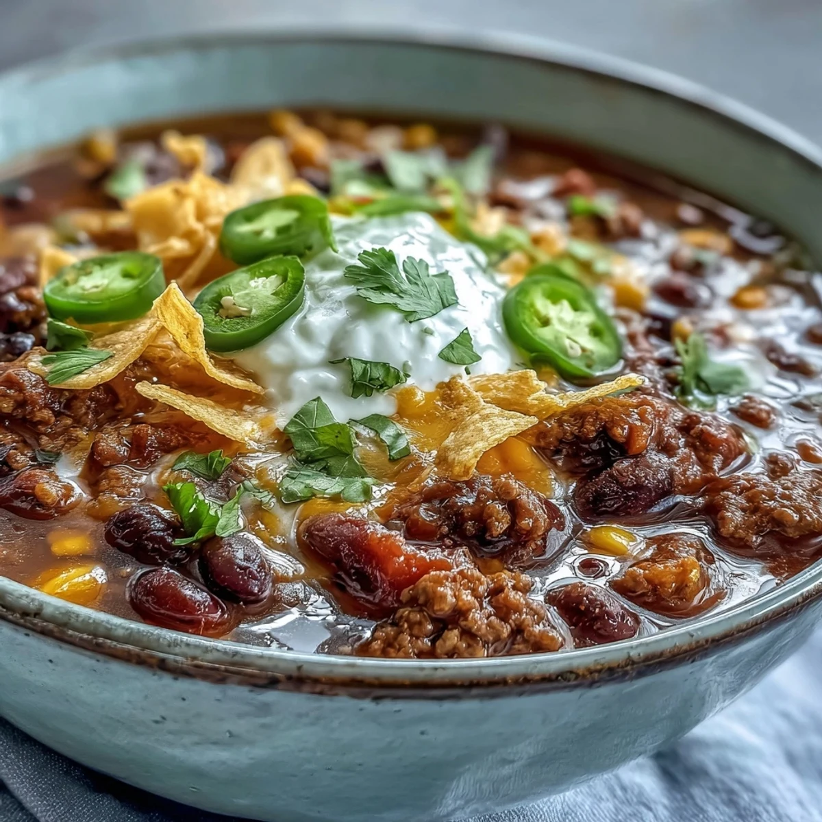Hearty Tex-Mex Taco Soup simmering in a pot with ground beef, beans, corn, and diced tomatoes.