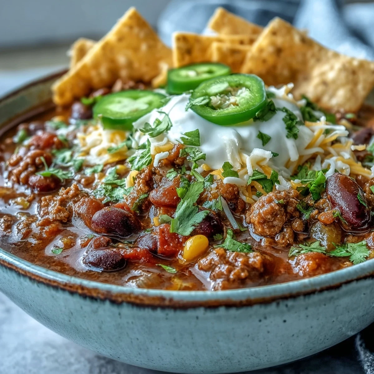 Freshly ladled Taco Soup in a rustic bowl, garnished with jalapeños, green onions, and a lime wedge.