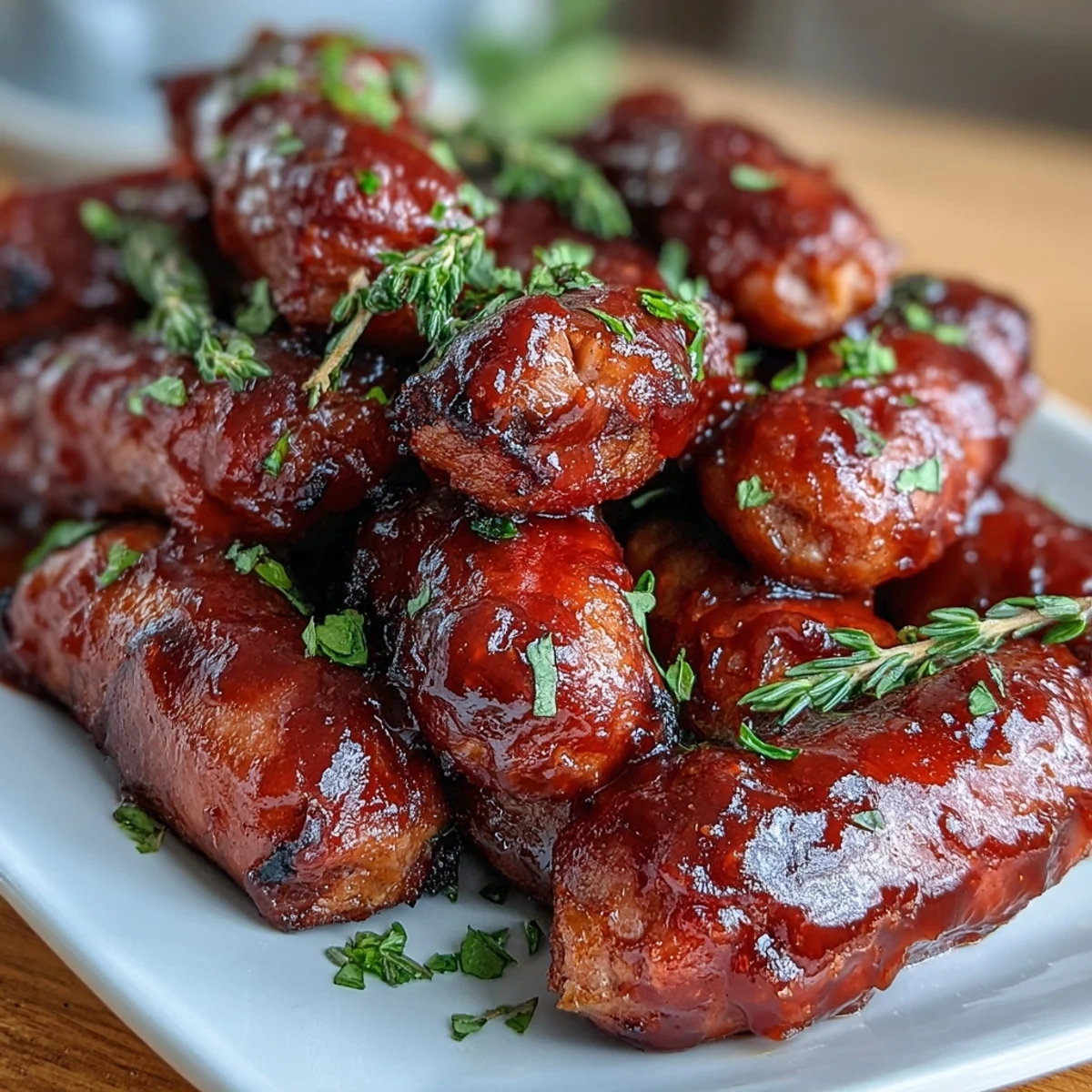 Golden-brown mini smoked sausages glisten in tangy barbecue apricot glaze in the slow cooker for game day.  