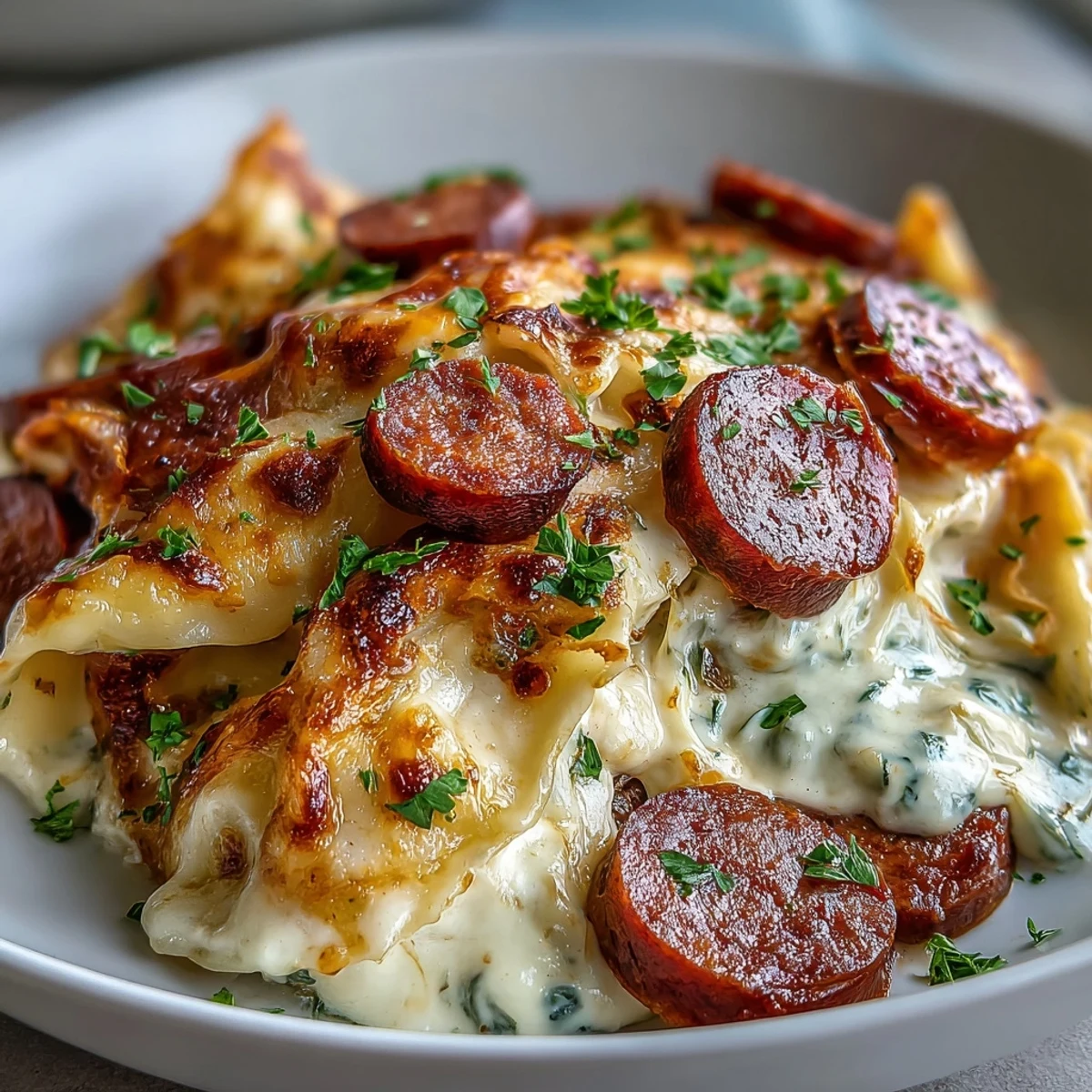 Crockpot Pierogi Casserole With Kielbasa baked golden brown and bubbly, served steaming hot with fresh chives and sour cream.