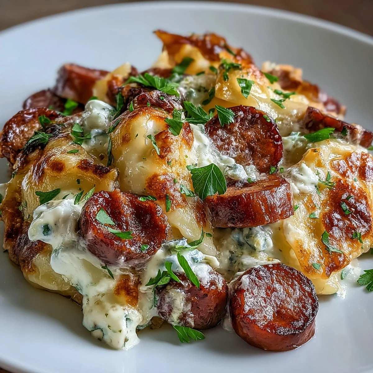 Crockpot Pierogi Casserole With Kielbasa plated with a crisp side salad, showcasing its rich, cheesy texture and savory, smoky aroma.