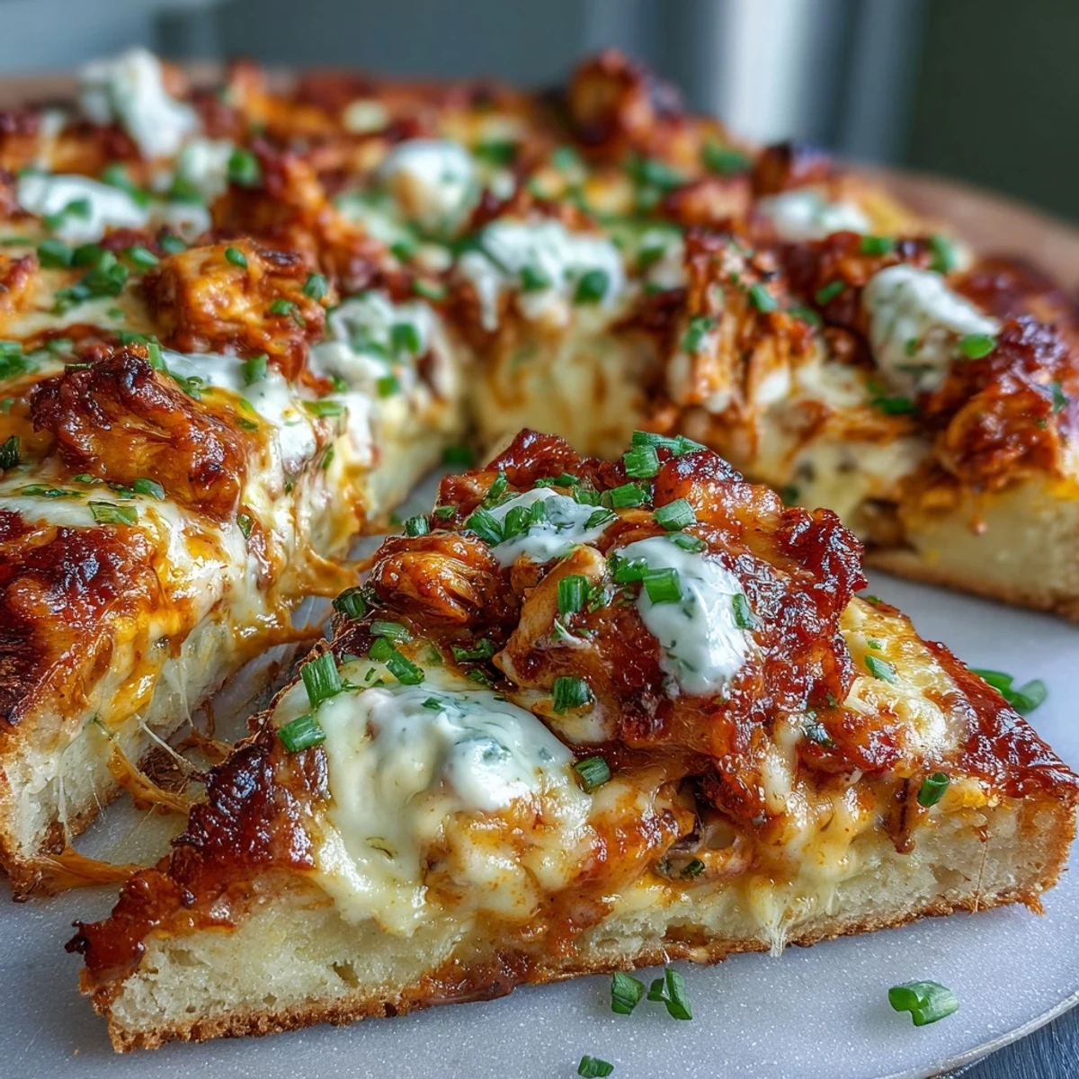 Sliced Buffalo Chicken Pizza on a rustic wooden board, showcasing creamy ranch sauce base and bubbling cheese, ready to serve for game day.
