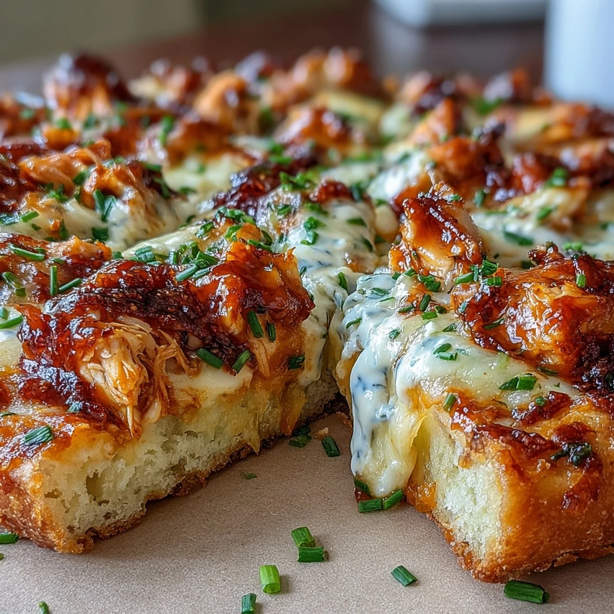 Freshly baked Buffalo Chicken Pizza with melted mozzarella and cheddar, topped with spicy chicken, red onions, and chives on a crispy golden crust.