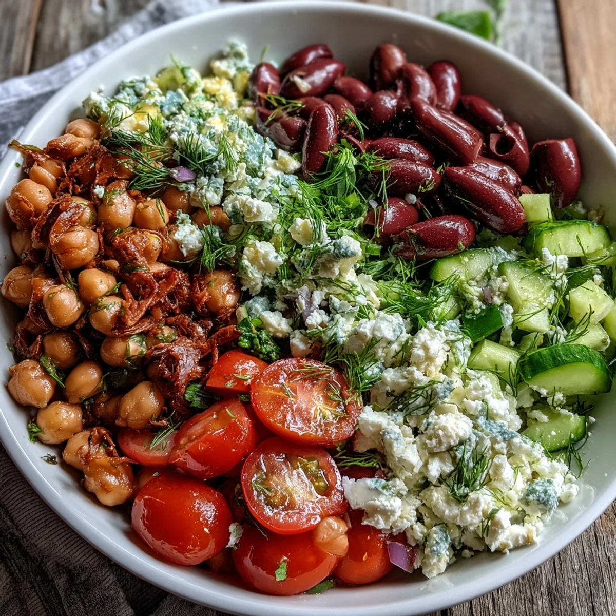 Freshly marinated Greek Bean Salad with lemon dressing, topped with creamy feta, cucumbers, and vibrant tomatoes in a white bowl.