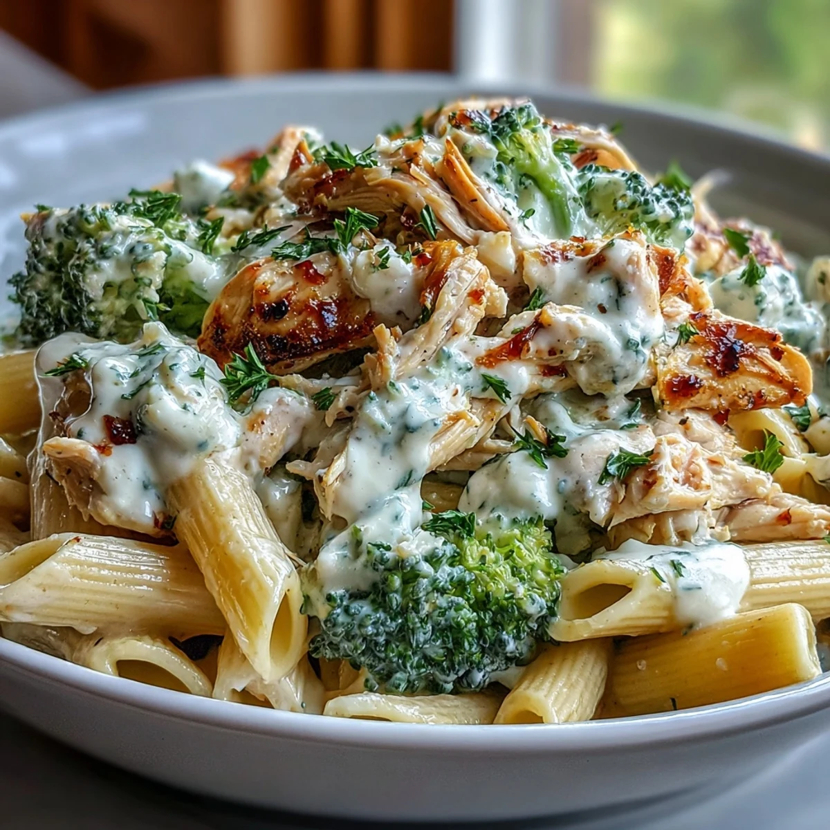 Golden rotisserie chicken pieces and vibrant steamed broccoli nestled in a luscious garlicky yogurt Parmesan sauce, filling a skillet with steam.