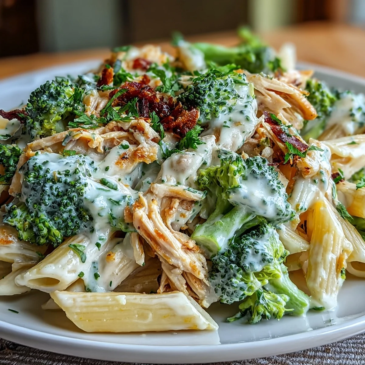 A hearty bowl of whole-wheat penne pasta featuring juicy rotisserie chicken and crisp broccoli, garnished with fresh parsley and extra grated Parmesan.