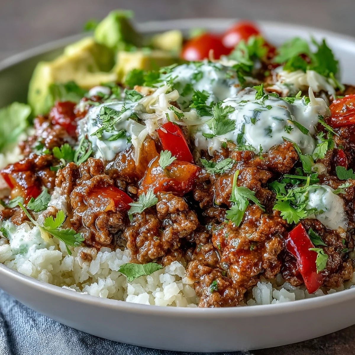 Steaming Low Carb Burrito Bowl with seasoned ground beef and cauliflower rice, garnished with fresh avocado and cilantro.