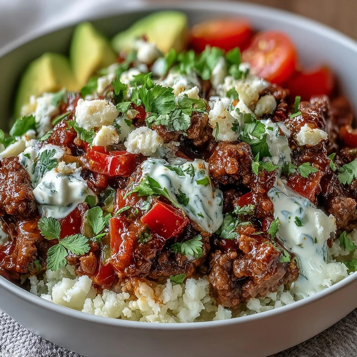A colorful Low Carb Burrito Bowl topped with cheddar, sour cream, and juicy cherry tomatoes beside seasoned ground beef.