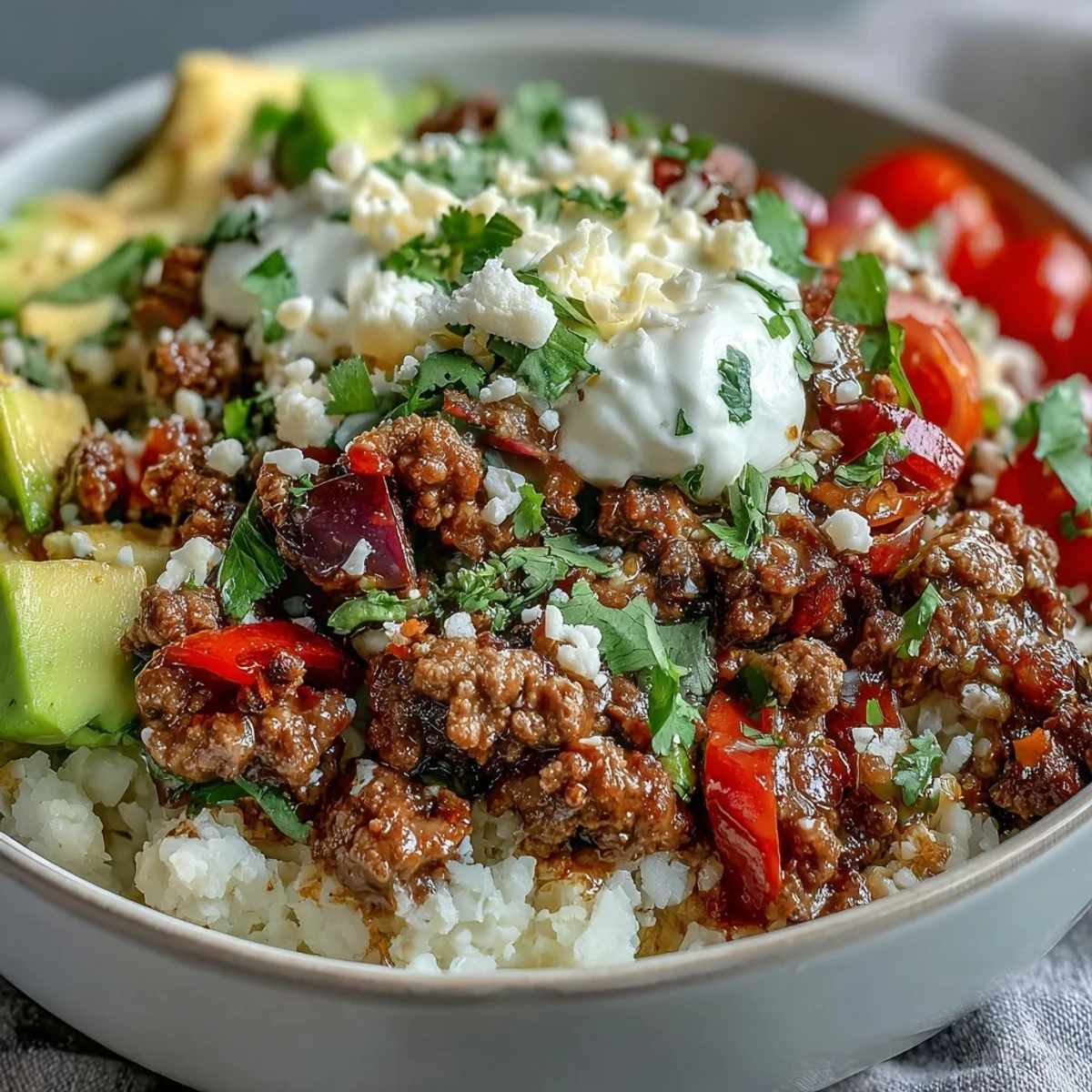 Sizzling seasoned beef and cauliflower rice layered in a Low Carb Burrito Bowl with crisp lettuce and lime wedges.