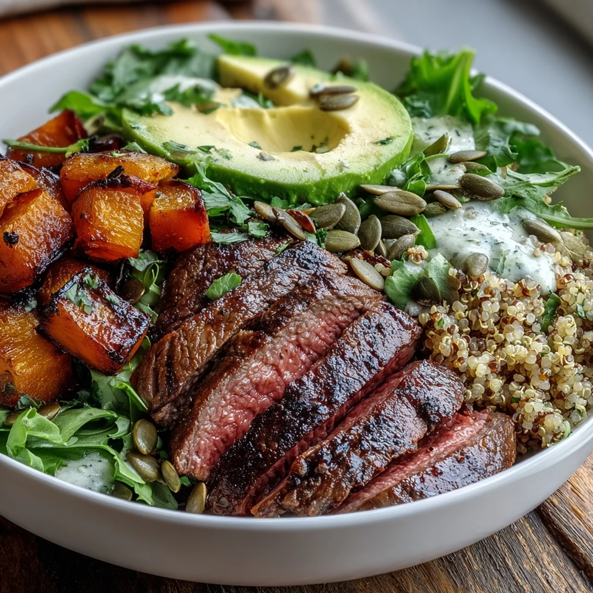 Roasted butternut squash steak bowl with fluffy quinoa, creamy avocado, and lime-cilantro dressing.