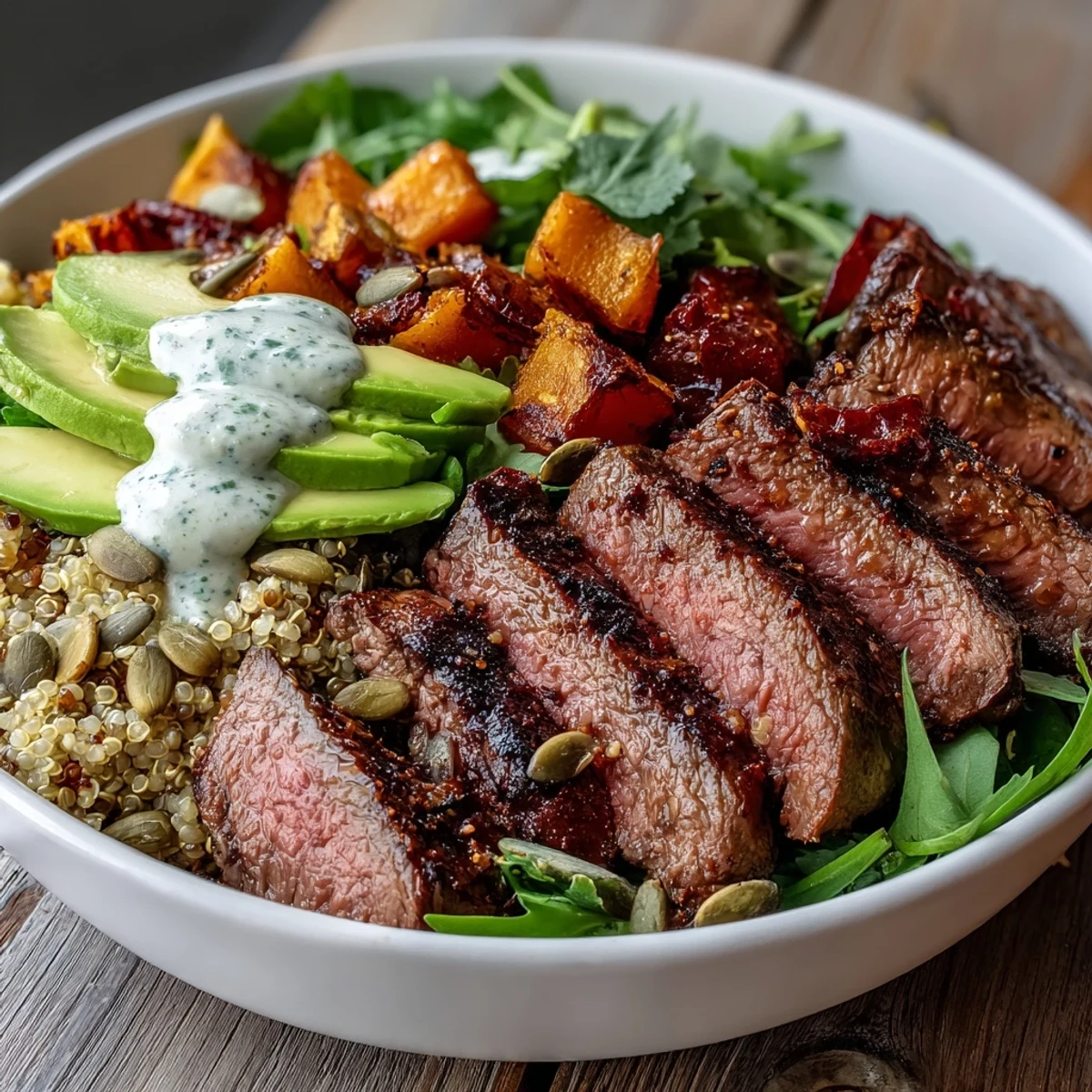 Sliced smoky steak and vibrant greens top this hearty butternut squash steak bowl.