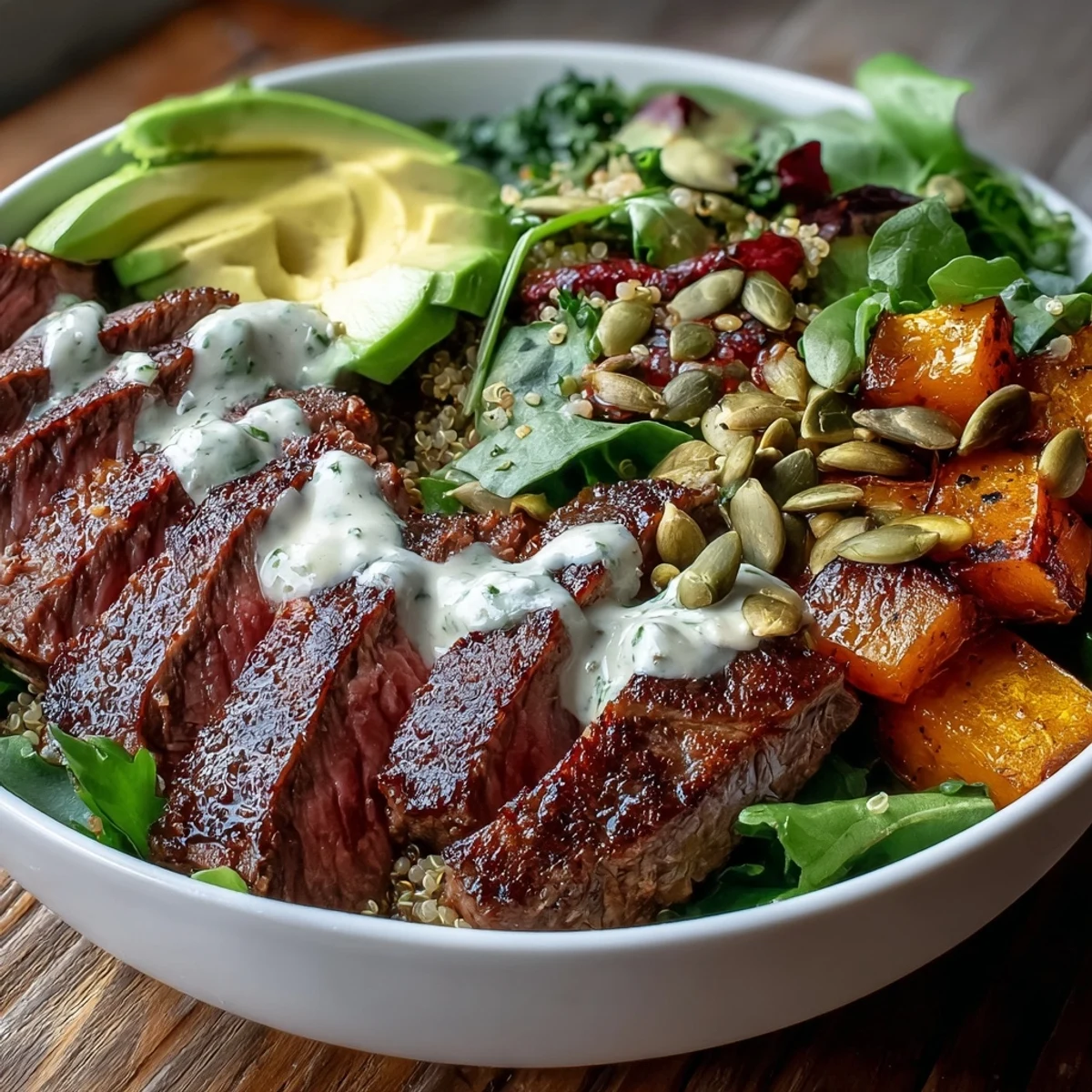 Golden, caramelized butternut squash steak bowl with pepitas and avocado slices ready to serve.