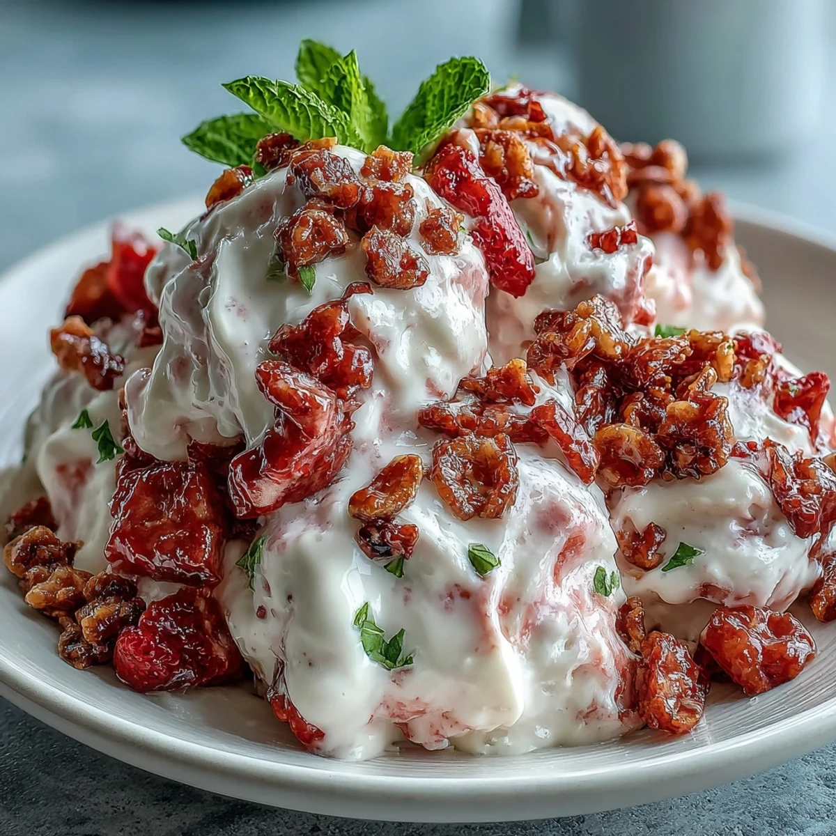 Creamy Strawberry & Banana Yoghurt Clusters on a baking sheet, garnished with crunchy fruit chips and a honey drizzle.