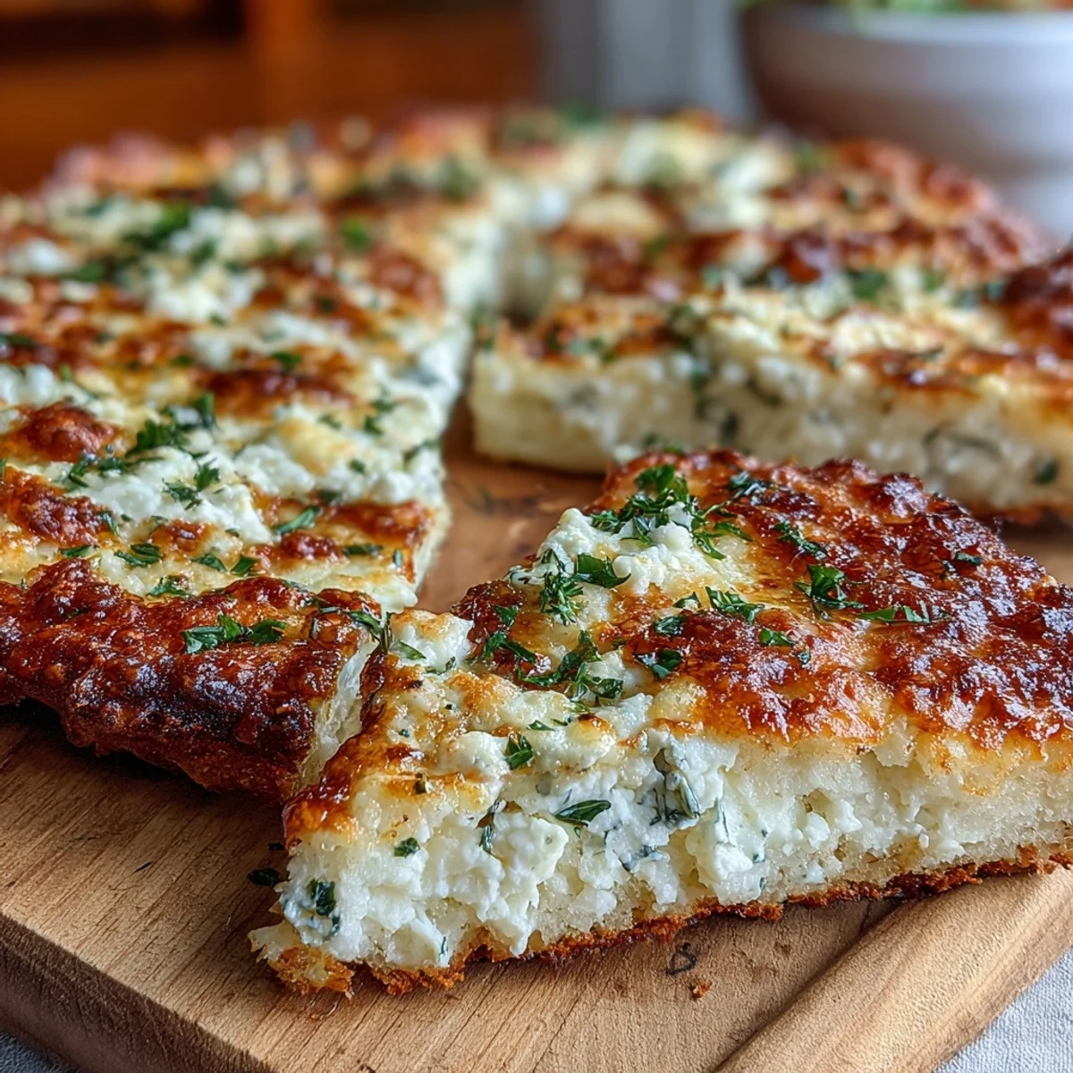 Golden, bubbly Cottage Cheese Flatbread cooling on a wooden board, ready to be torn and dipped in sauce.