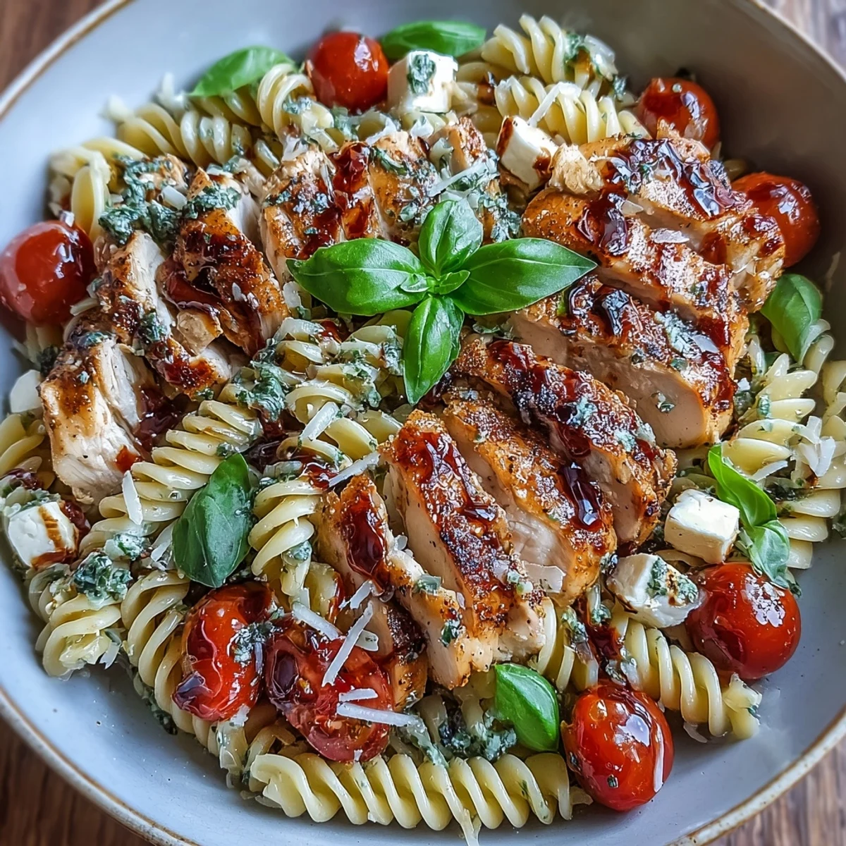 Golden seared chicken and bright cherry tomatoes star in this Bruschetta Chicken Pasta with fresh basil and mozzarella.