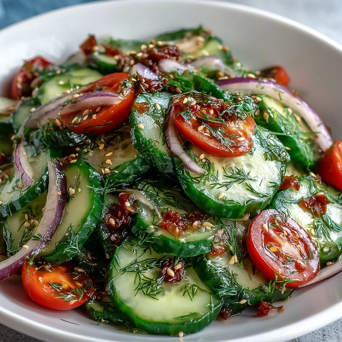 Bright, chilled Refreshing Crunchy Cucumber Salad in a white bowl, garnished with fresh dill, red onion slices, and sesame seeds, ready to serve.