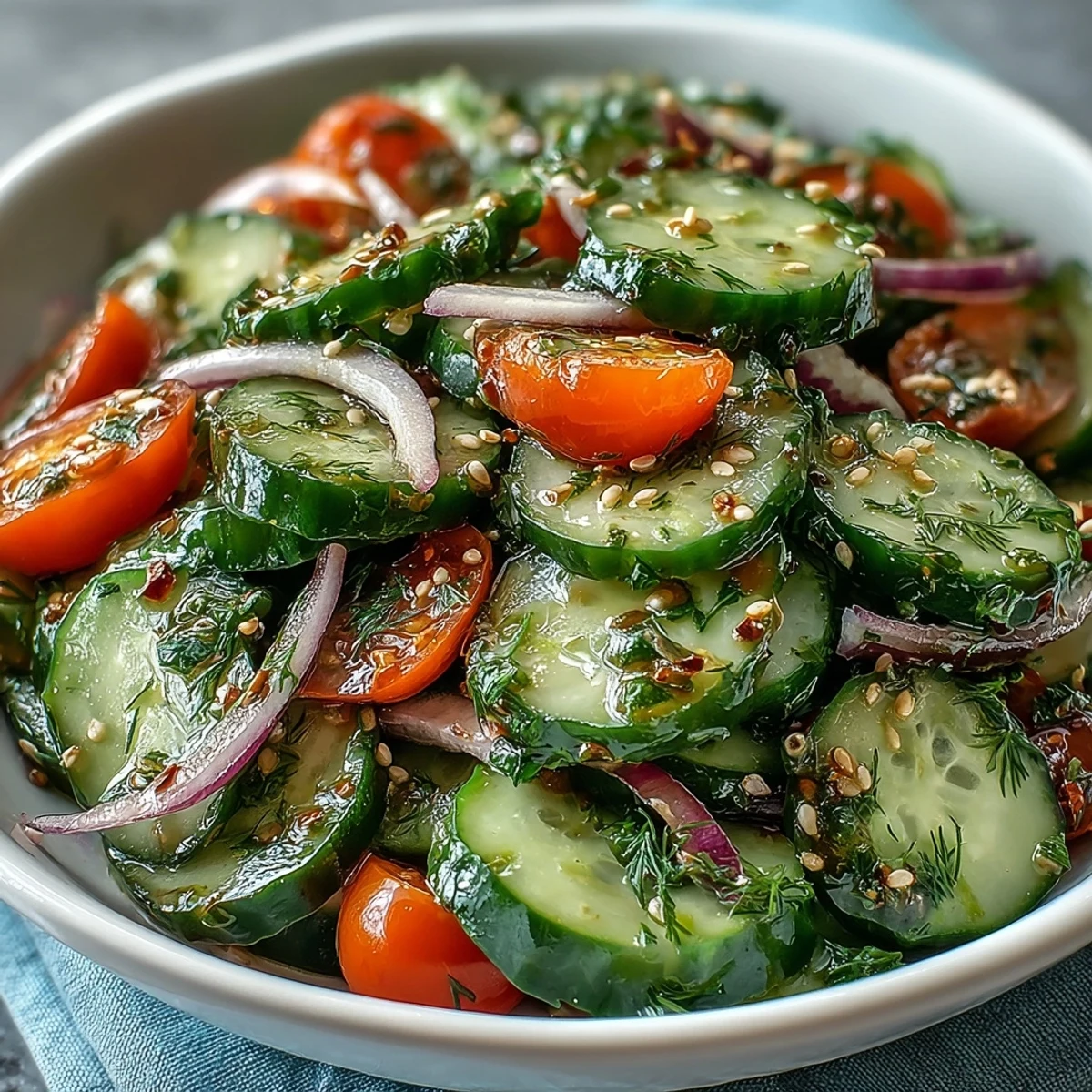 A refreshing forkful of Refreshing Crunchy Cucumber Salad featuring crisp cucumbers, cherry tomatoes, and red onion, perfect for a light lunch or cookout side.