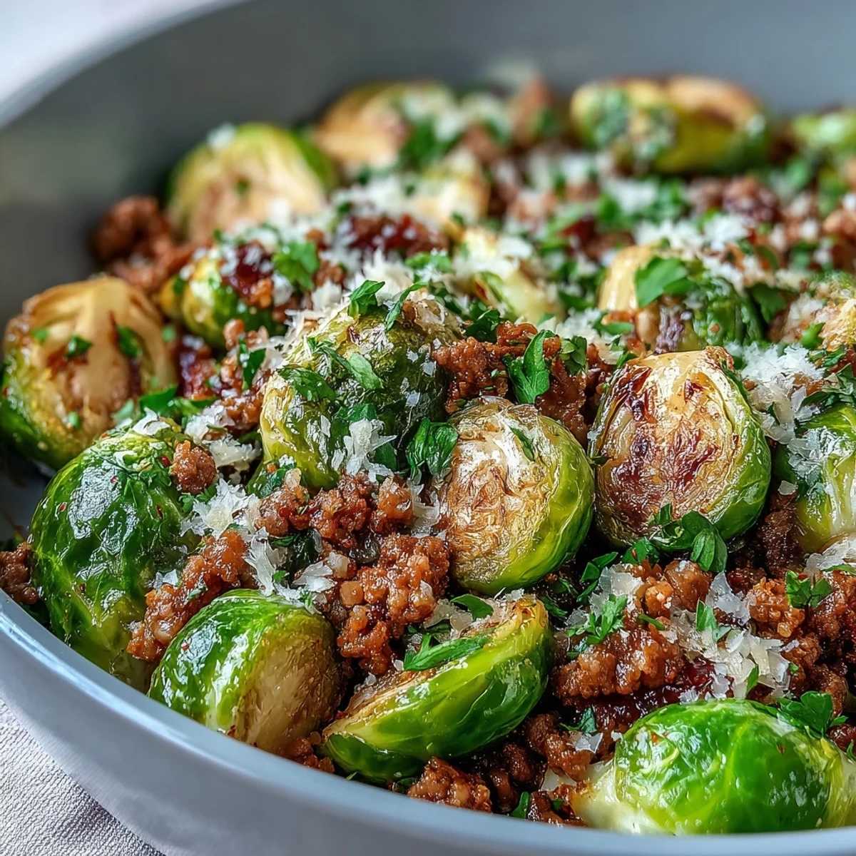 Golden-brown Brussels sprouts and savory ground turkey sizzle in a skillet with garlic and paprika.