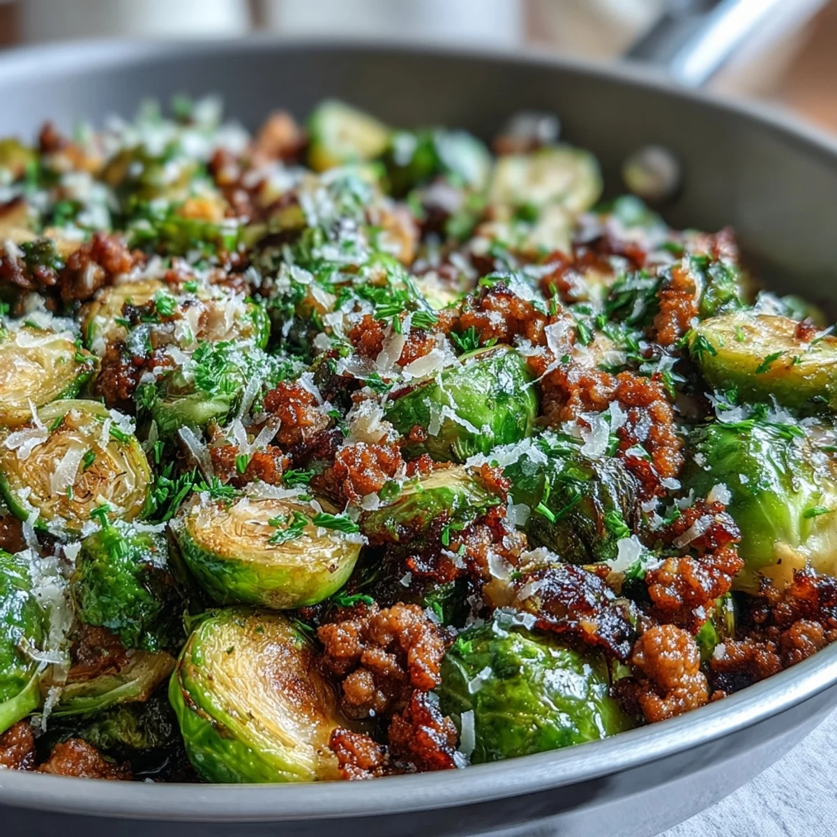 A close-up of tender Brussels sprouts and seasoned ground turkey, garnished with Parmesan for a wholesome dinner.