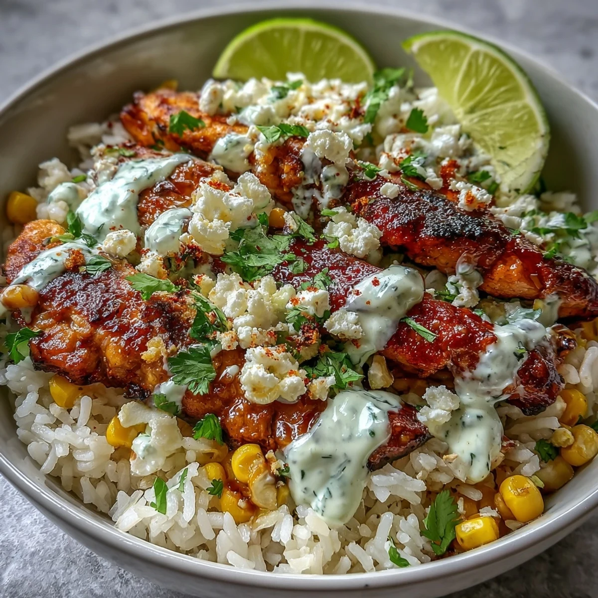 Sizzling citrus-marinated chicken thighs sliced over fluffy rice and smoky charred corn for Street Corn Chicken and Rice Bowls, drizzled with zesty crema and crumbled cotija.