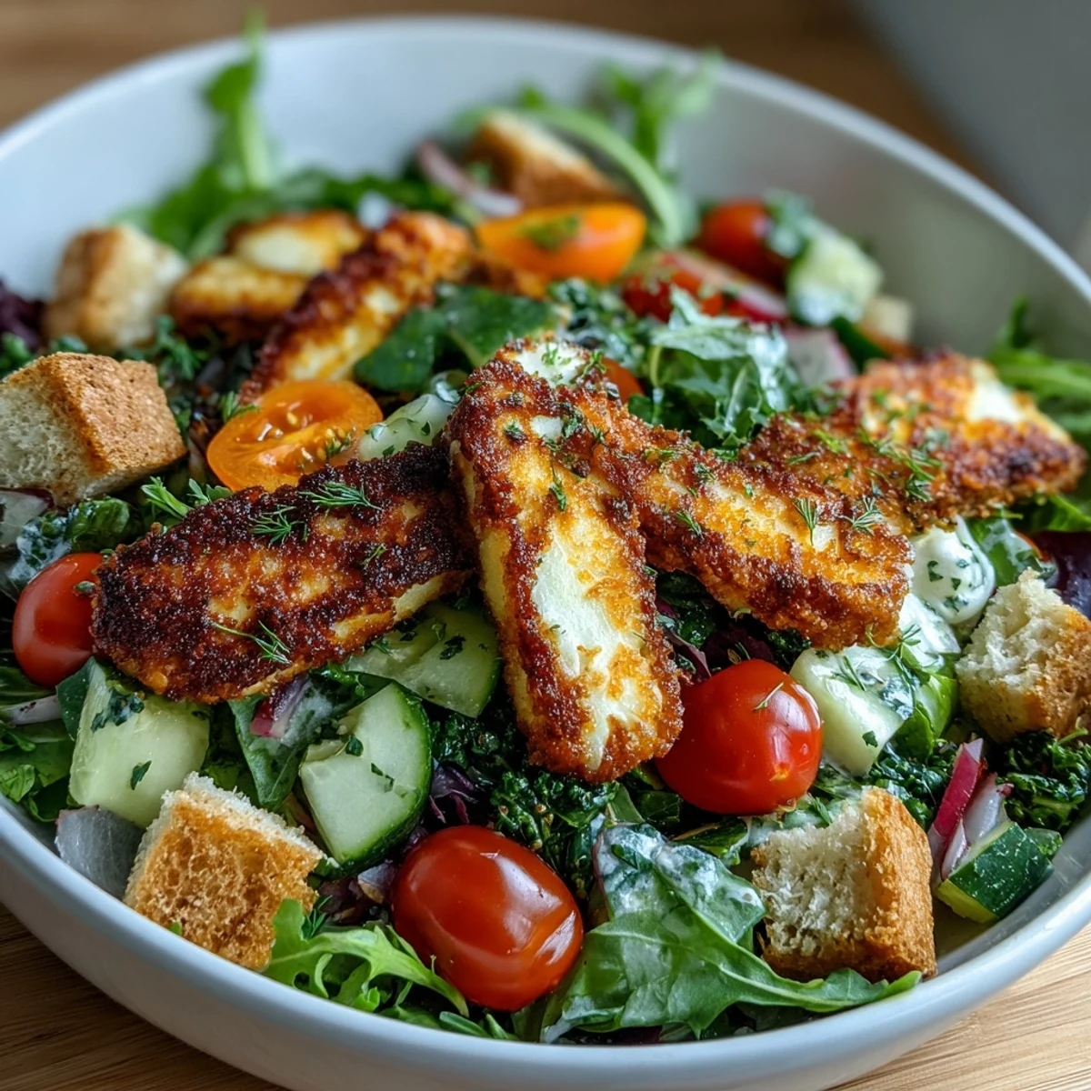 Golden fried halloumi slices and juicy blood orange segments on a bed of fresh greens and vibrant veggies in this Halloumi Blood Orange Fattoush salad.