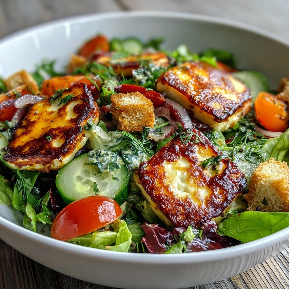 Crispy sourdough croutons and a light sumac dressing top a large bowl of Halloumi Blood Orange Fattoush, ready to be served immediately.