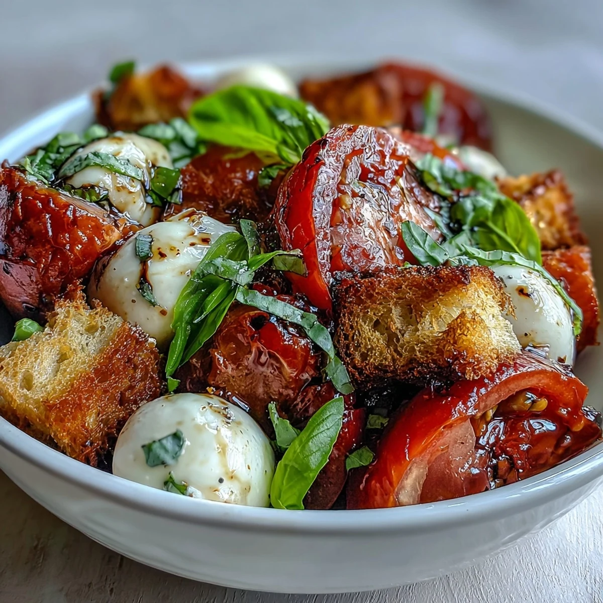 Fresh mozzarella balls and juicy heirloom tomatoes topped with basil and balsamic, served with crispy toasted bread cubes.