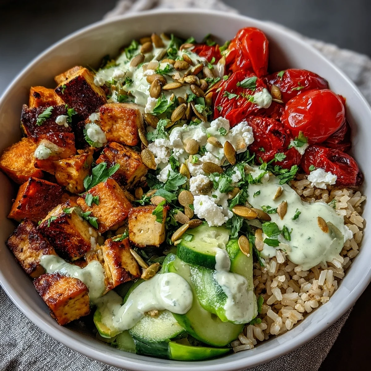 Steamed broccoli and baked tofu combine in a hearty Customizable Grain Bowl with feta crumbles and a zesty lemon-tahini drizzle.