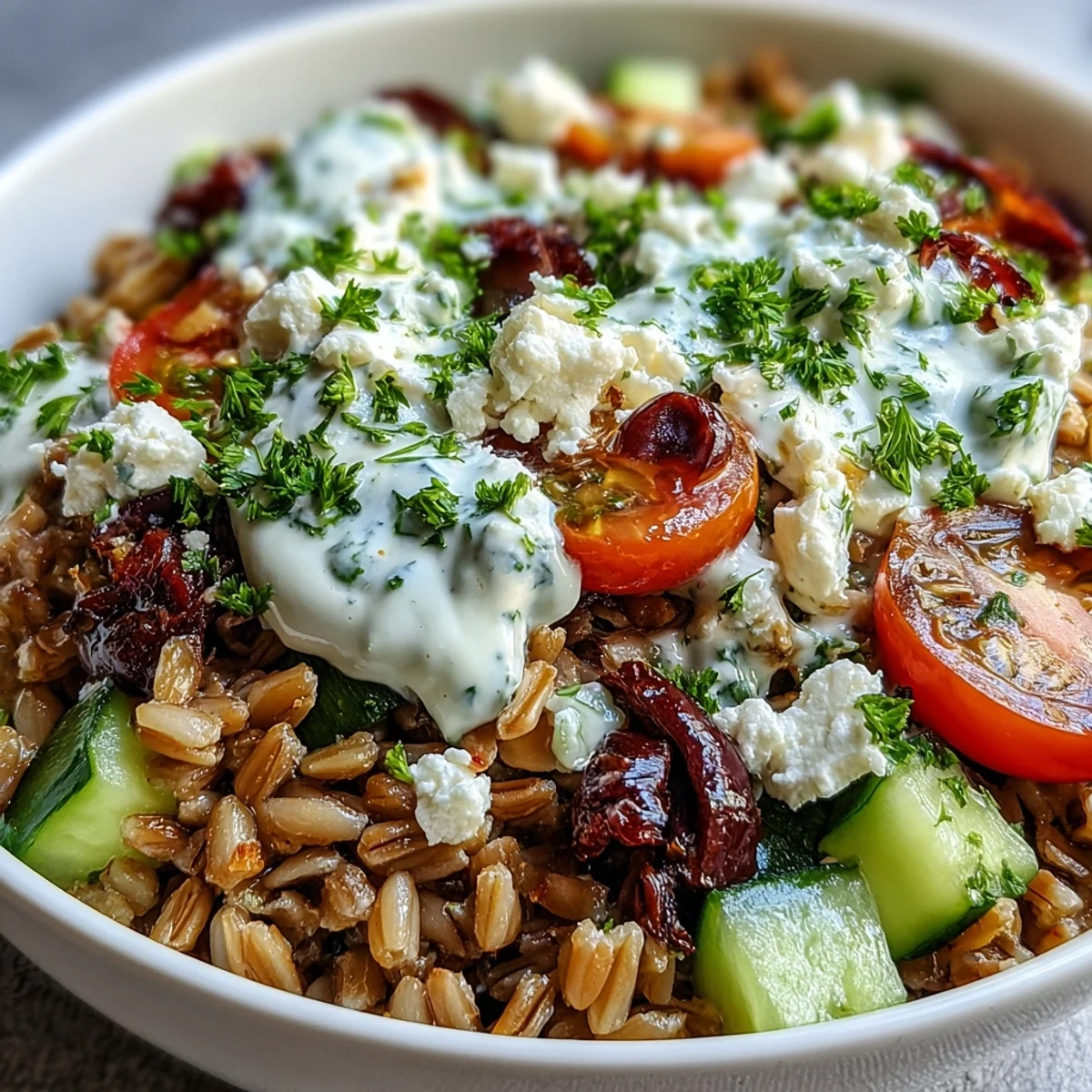Healthy Mediterranean Farro Bowl served in a white bowl, garnished with fresh herbs and lemon wedges.