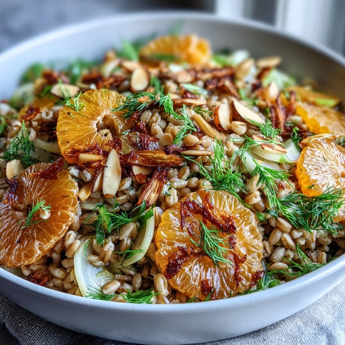Farro Salad Bowl with Fennel, Oranges & Almonds tossed with vinaigrette, topped with toasted almonds.