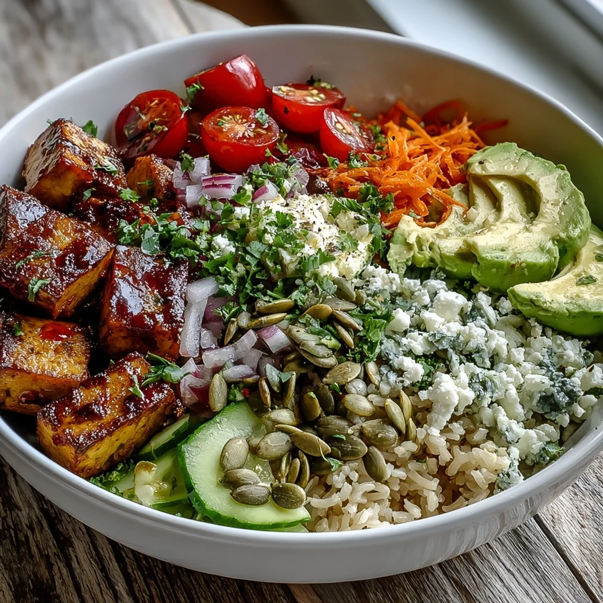 Simple Grain Bowl topped with pan-seared tofu, shredded carrots, red onion, pumpkin seeds, and fresh herbs.