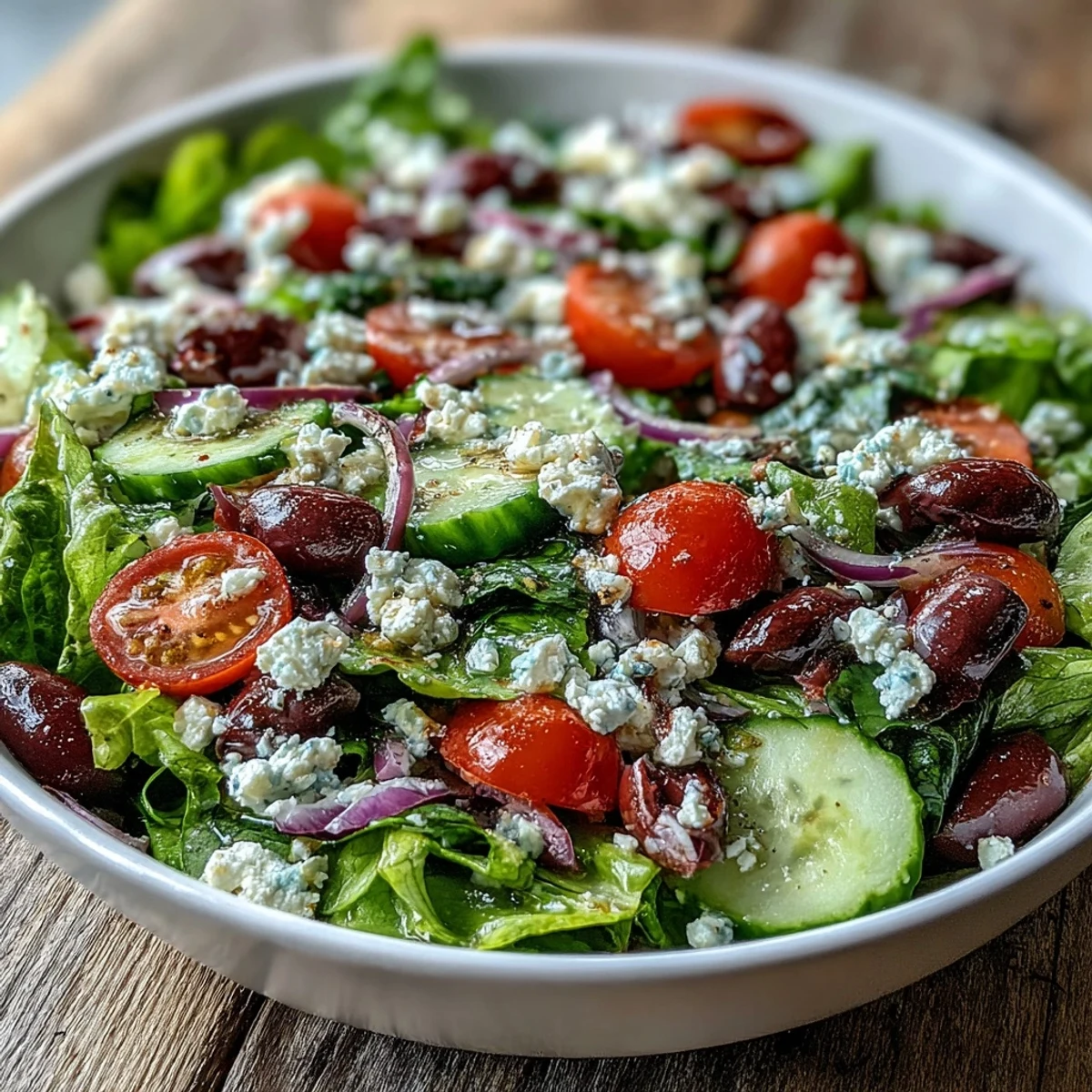 Fresh Mediterranean Green Salad Bowl with crisp spring mix, juicy tomatoes, crunchy cucumber, and briny Kalamata olives topped with creamy feta.