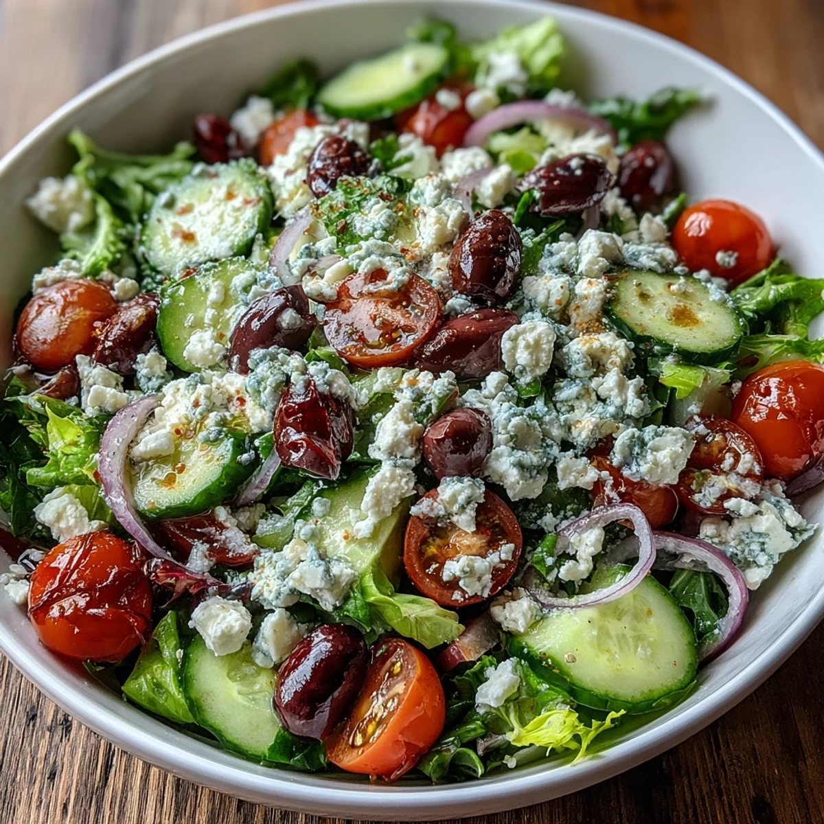 Colorful Mediterranean Green Salad Bowl featuring tangy Greek dressing, briny olives, and crumbled feta cheese tossed with vibrant greens.
