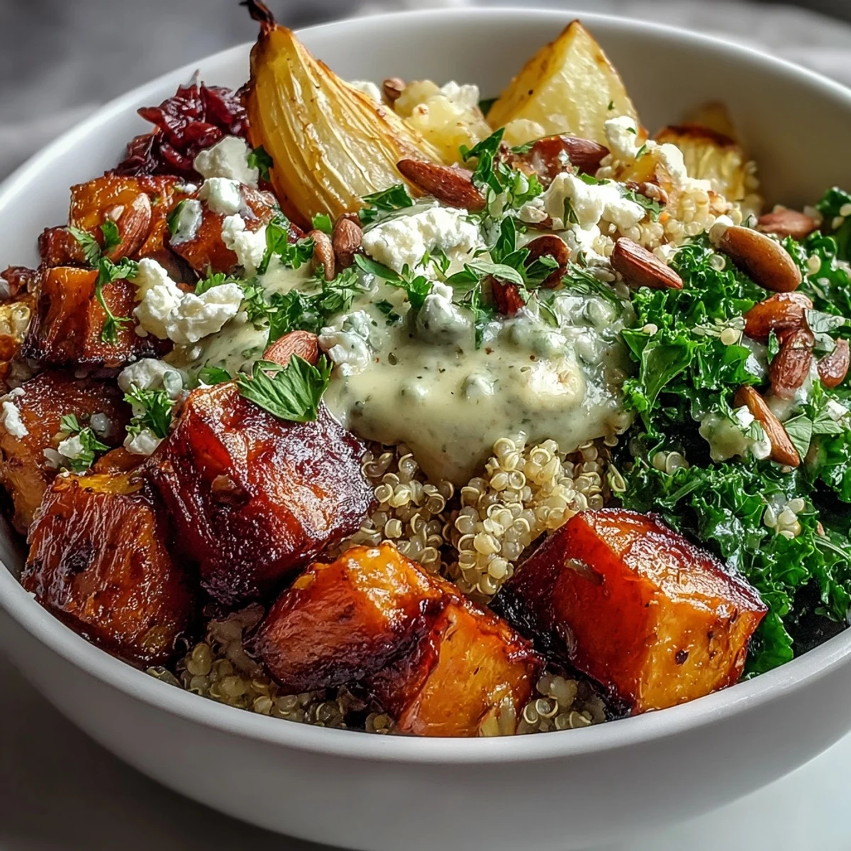 Close-up of the Hearty Winter Grain Bowl showcasing golden roasted root vegetables and wilted kale topped with creamy tahini dressing.