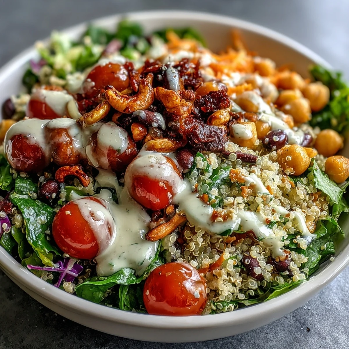 A vibrant Rainbow Salad Bowl brimming with fresh vegetables, beans, and crunchy nuts on a light wood table.  