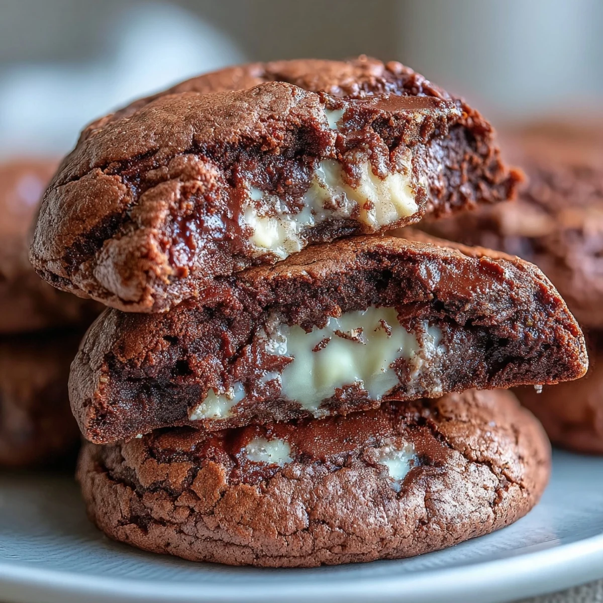 Freshly baked Hojicha Brownie Cookies with white chocolate chunks on a cooling rack, showcasing a soft, chewy texture.