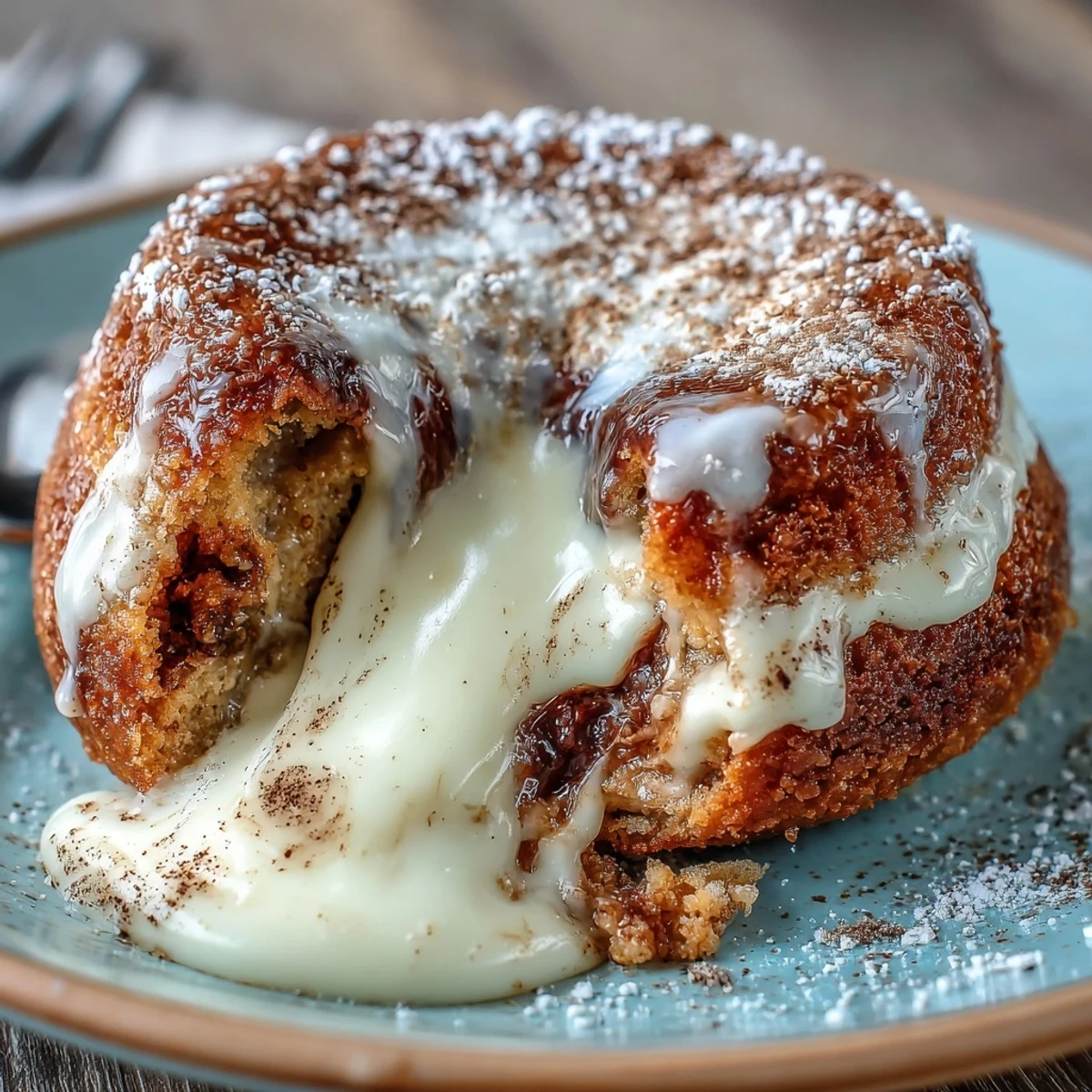 Warm Hojicha White Chocolate Lava Cakes rest on a white plate, dusted with powdered sugar.