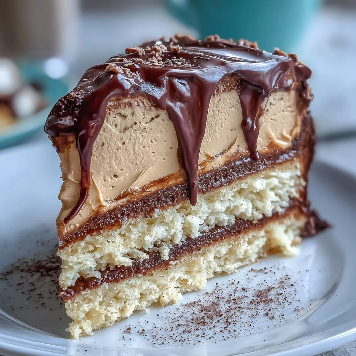 A slice of Hojicha Butter Cream Cake reveals layered hojicha buttercream and a rich dark chocolate ganache drip on a plate.